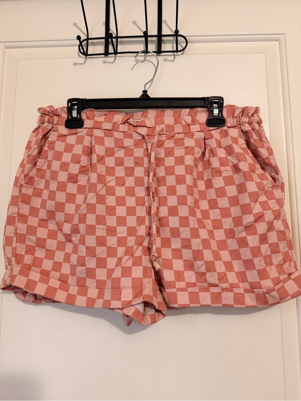 SO Coral Pink Check High-Waist Drawstring Shorts